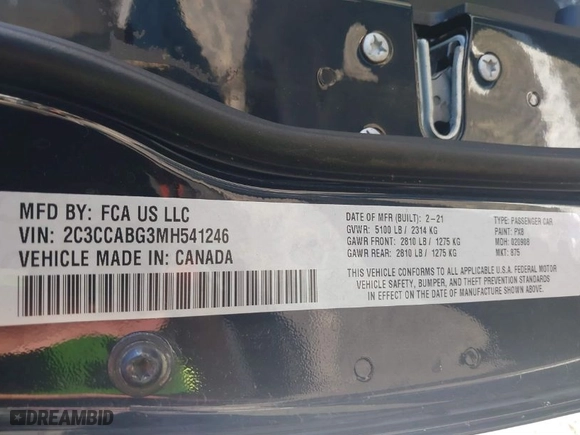 2021 Chrysler 300 with VIN 2C3CCABG3MH541246, listed as a IAAI auction lot 41503137 with NaN miles. Bid and sale history available at carsss.com. Image 9.