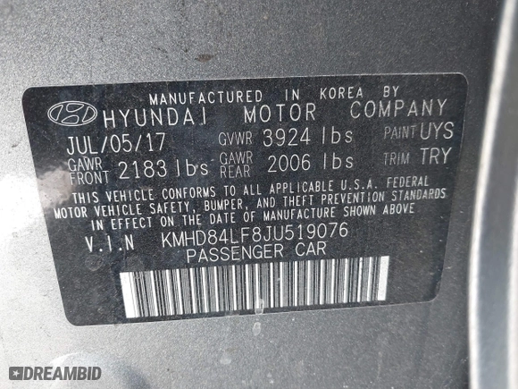 2018 Hyundai Elantra Value Edition with VIN KMHD84LF8JU519076, listed as a IAAI auction lot 41602336 with 148,868 mi miles. Bid and sale history available at carsss.com. Image 9.