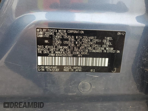 2012 Toyota RAV4 with VIN JTMBF4DV4C5057880, listed as a Copart auction lot 60449465 with 118,978 mi miles and Salvage title. Bid and sale history available at DreamBid. Image 12.