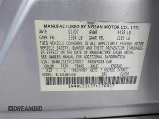 2007 Nissan Altima SL with VIN 1N4BL21E37C170017, listed as a IAAI auction lot 41810640 with 182,269 mi miles and . Bid and sale history available at DreamBid. Image 9.