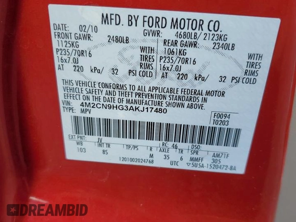 2010 Mercury Mariner Premier with VIN 4M2CN9HG3AKJ17480, listed as a Copart auction lot 82773234 with 219,149 mi miles and Salvage Title. Bid and sale history available at carsss.com. Image 13.