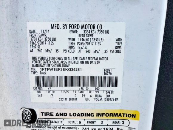 2014 Ford F-150 XL with VIN 1FTFW1EF3EKG34281, listed as a Copart auction lot 62034505 with Not provided miles and Salvage title. Bid and sale history available at DreamBid. Image 12.