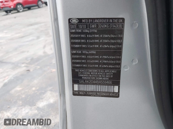 2011 Land Rover LR4 Lux with VIN SALAK2D44BA559466, listed as a IAAI auction lot 42313555 with Not provided miles and . Bid and sale history available at DreamBid. Image 9.
