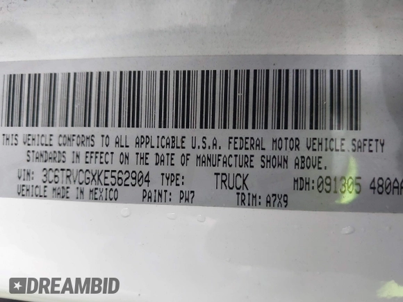 2019 Ram ProMaster Cargo with VIN 3C6TRVCGXKE562904, listed as a IAAI auction lot 41675682 with 217,885 mi miles and . Bid and sale history available at DreamBid. Image 9.