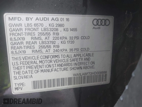 2017 Audi Q7 Premium Plus with VIN WA1LABF73HD006688, listed as a IAAI auction lot 41906362 with 65,851 mi miles. Bid and sale history available at carsss.com. Image 9.