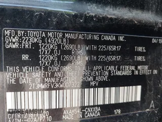 2019 Toyota RAV4 Hybrid LE with VIN 2T3MWRFV3KW007322, listed as a IAAI auction lot 42032500 with 91,985 mi miles and . Bid and sale history available at DreamBid. Image 9.