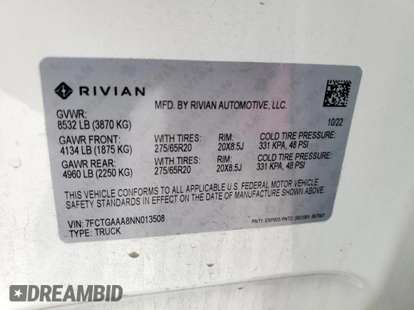 2022 Rivian R1T Adventure z VIN 7FCTGAAA8NN013508, wystawiony jako Copart lot #50834485 z przebiegiem Nie podano mil oraz Szkody całkowita. Historia ofert i sprzedaży dostępna na DreamBid. Obrazek 13.
