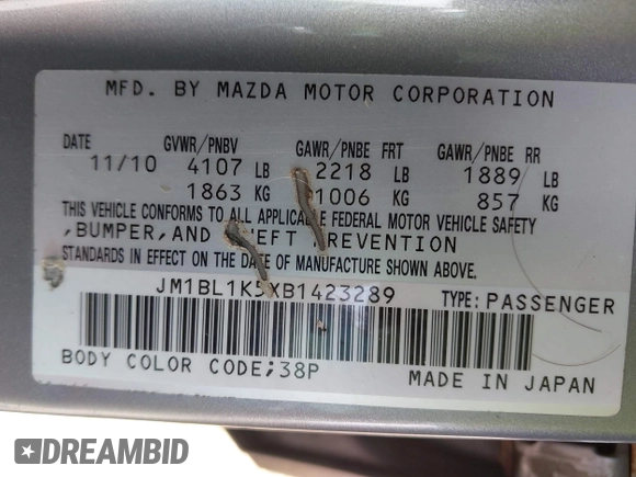 2011 Mazda 3 s Sport with VIN JM1BL1K5XB1423289, listed as a IAAI auction lot 42183411 with 159,227 mi miles. Bid and sale history available at carsss.com. Image 9.