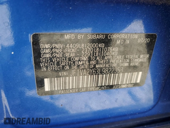 2020 Subaru WRX STI Limited with VIN JF1VA2Y63L9822353, listed as a Copart auction lot 58275065 with 48,484 mi miles and Clean title. Bid and sale history available at DreamBid. Image 12.