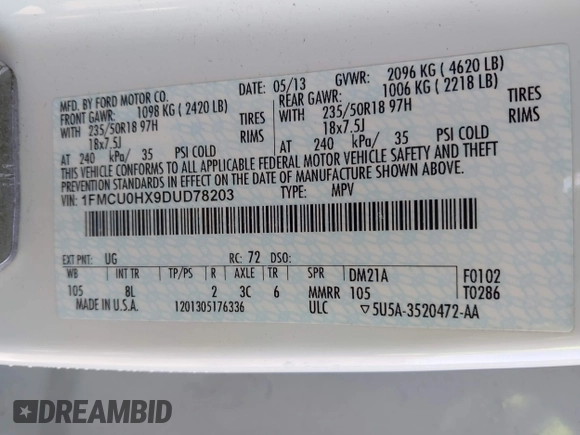 2013 Ford Escape SEL with VIN 1FMCU0HX9DUD78203, listed as a IAAI auction lot 42022707 with 91,709 mi miles. Bid and sale history available at carsss.com. Image 9.