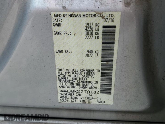 2016 Nissan Altima SL with VIN 1N4AL3APXGC270182, listed as a Copart auction lot 58143795 with 124,074 mi miles and Salvage title. Bid and sale history available at DreamBid. Image 12.