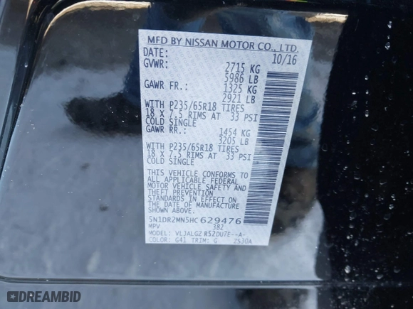 2017 Nissan Pathfinder SV with VIN 5N1DR2MN5HC629476, listed as a IAAI auction lot 41325826 with 87,573 mi miles. Bid and sale history available at carsss.com. Image 9.