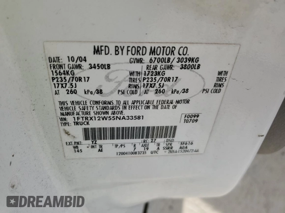 2005 Ford F-150 STX with VIN 1FTRX12W55NA33581, listed as a Copart auction lot 53717995 with 291,549 mi miles and Salvage title. Bid and sale history available at DreamBid. Image 12.