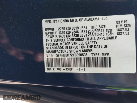 2019 Honda Odyssey EX-L with VIN 5FNRL6H72KB090503, listed as a IAAI auction lot 40958508 with 101,597 mi miles. Bid and sale history available at carsss.com. Image 9.