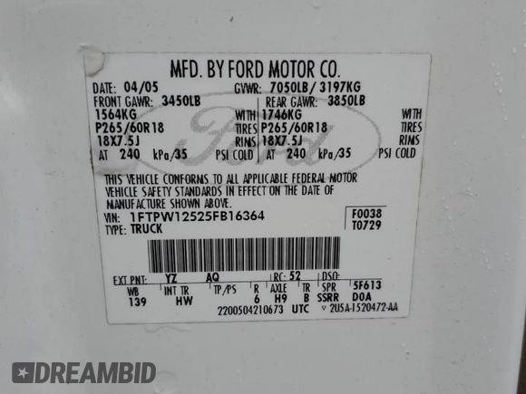 2005 Ford F-150 XLT with VIN 1FTPW12525FB16364, listed as a Copart auction lot 55019304 with 264,487 mi miles and Salvage Title. Bid and sale history available at carsss.com. Image 14.