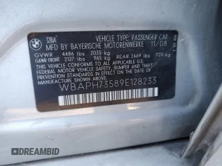 2009 BMW 3 Series 328i with VIN WBAPH73589E128233, listed as a Copart auction lot 88367785 with 63,142 mi miles and Salvage title. Bid and sale history available at DreamBid. Image 12.