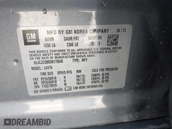 2013 Buick Encore Leather with VIN KL4CJCSB6DB170846, listed as a IAAI auction lot 41711515 with 136,774 mi miles and . Bid and sale history available at DreamBid. Image 9.