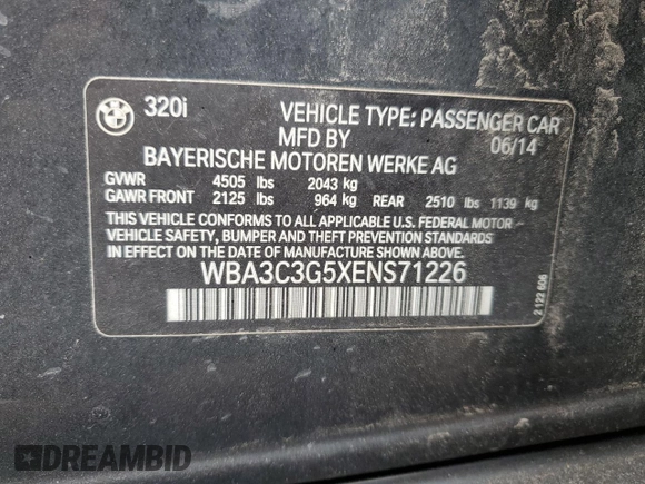 2014 BMW 3 Series 320i xDrive with VIN WBA3C3G5XENS71226, listed as a Copart auction lot 51336305 with 116,541 mi miles and Salvage Title. Bid and sale history available at carsss.com. Image 12.