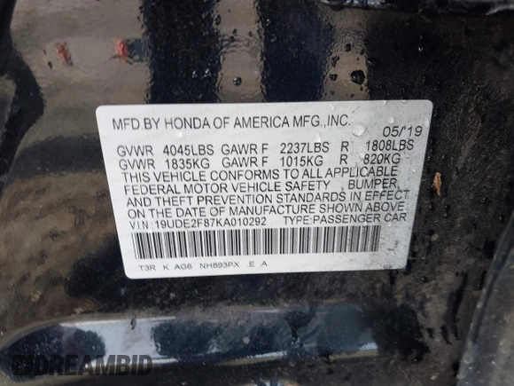 2019 Acura ILX Premium with VIN 19UDE2F87KA010292, listed as a IAAI auction lot 41603822 with 85,516 mi miles and . Bid and sale history available at DreamBid. Image 9.