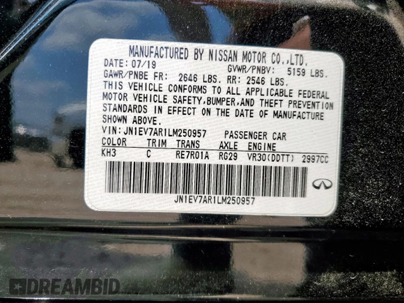 2020 Infiniti Q50 Luxe with VIN JN1EV7AR1LM250957, listed as a Copart auction lot 59308225 with 51,606 mi miles and Salvage title. Bid and sale history available at DreamBid. Image 13.