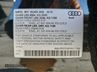 2015 Audi Q3 Premium Plus with VIN WA1EFCFS0FR011769, listed as a Copart auction lot 48183155 with 158,666 mi miles and Salvage title. Bid and sale history available at DreamBid. Image 15.