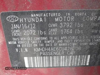 2012 Hyundai Elantra Limited with VIN KMHDH4AE6CU428708, listed as a IAAI auction lot 41658799 with 186,585 mi miles. Bid and sale history available at carsss.com. Image 9.
