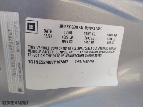 1997 Chevrolet Malibu LS with VIN 1G1NE52M8VY107867, listed as a IAAI auction lot 41766004 with 165,647 mi miles. Bid and sale history available at carsss.com. Image 9.