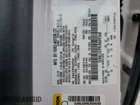 2020 Lincoln MKZ Reserve z VIN 3LN6L5E99LR609268, wystawiony jako Copart lot #56062065 z przebiegiem 63 466 mil mil oraz Szkoda całkowita • Salvage title. Historia ofert i sprzedaży dostępna na DreamBid. Obrazek 13.