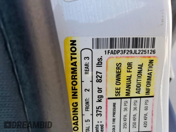 2018 Ford Focus SE z VIN 1FADP3F29JL225126, wystawiony jako Copart lot #52817265 z przebiegiem Nie podano mil oraz Szkoda całkowita • Salvage title. Historia ofert i sprzedaży dostępna na DreamBid. Obrazek 12.