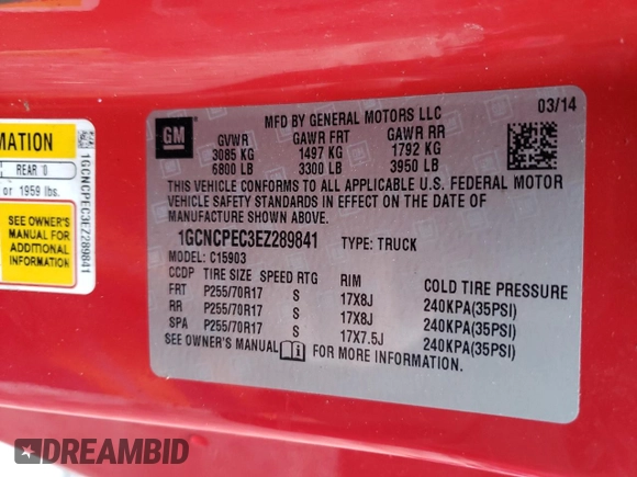 2014 Chevrolet Silverado 1500 Work Truck with VIN 1GCNCPEC3EZ289841, listed as a Copart auction lot 46430395 with 128,233 mi miles and Salvage Title. Bid and sale history available at carsss.com. Image 14.