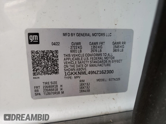 2022 GMC Acadia SLT with VIN 1GKKNML49NZ162300, listed as a Copart auction lot 78011404 with Not provided miles and Clean title. Bid and sale history available at DreamBid. Image 12.