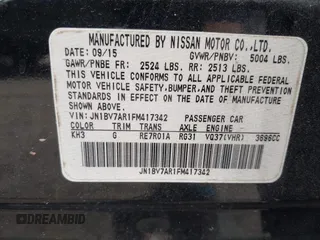 2015 Infiniti Q50 Premium with VIN JN1BV7AR1FM417342, listed as a IAAI auction lot 41887007 with 116,026 mi miles. Bid and sale history available at carsss.com. Image 9.