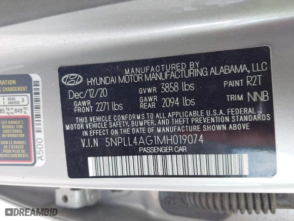 2021 Hyundai Elantra SE with VIN 5NPLL4AG1MH019074, listed as a IAAI auction lot 41755879 with 22,972 mi miles. Bid and sale history available at carsss.com. Image 9.
