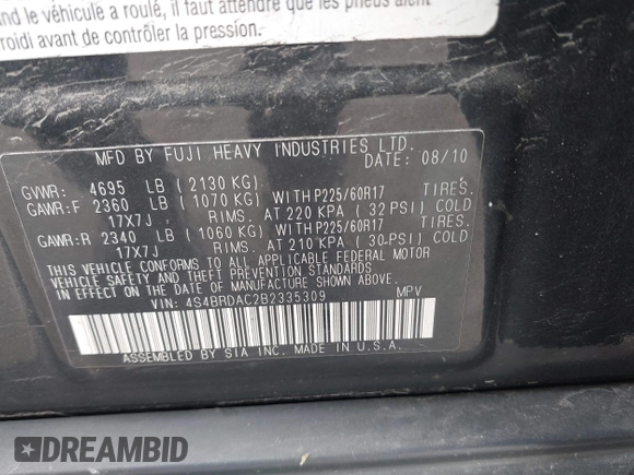2011 Subaru Outback с VIN 4S4BRDAC2B2335309, выставлен на аукционе IAAI как лот 42296670 с пробегом 166 019 миль миль и . История ставок и продаж доступна на DreamBid. Изображение 9.