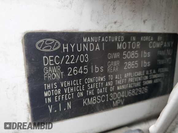 2004 Hyundai Santa Fe GLS with VIN KM8SC13D04U682926, listed as a Copart auction lot 53651575 with 182,317 mi miles and Salvage Title. Bid and sale history available at DreamBid. Image 12.