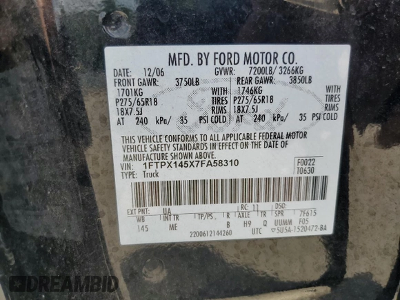 2007 Ford F-150 XLT with VIN 1FTPX145X7FA58310, listed as a Copart auction lot 62710135 with 176,647 mi miles and Clean title. Bid and sale history available at DreamBid. Image 12.