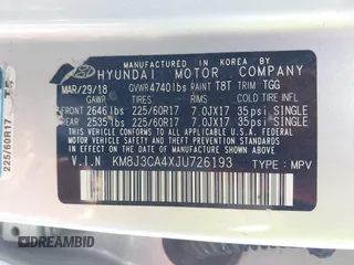 2018 Hyundai Tucson SEL with VIN KM8J3CA4XJU726193, listed as a IAAI auction lot 39087796 with 62,418 mi miles and . Bid and sale history available at DreamBid. Image 9.
