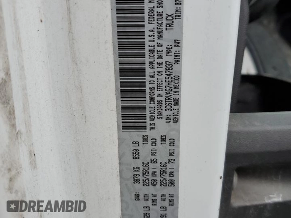2017 Ram ProMaster Cargo with VIN 3C6TRVAG7HE547837, listed as a Copart auction lot 47671445 with 129,104 mi miles and Salvage Title. Bid and sale history available at DreamBid. Image 14.