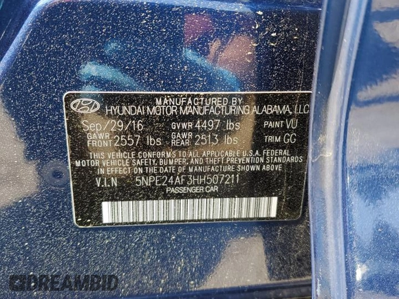 2017 Hyundai Sonata 2.4L with VIN 5NPE24AF3HH507211, listed as a Copart auction lot 51183995 with 107,073 mi miles and Salvage Title. Bid and sale history available at carsss.com. Image 12.
