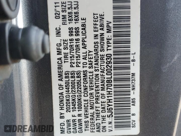 2011 Honda Element EX z VIN 5J6YH1H70BL002930, wystawiony jako Copart lot #85854024 z przebiegiem Nie podano mil oraz Szkoda całkowita • Salvage title. Historia ofert i sprzedaży dostępna na DreamBid. Obrazek 12.