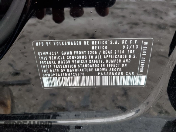 2013 Volkswagen Jetta SE with VIN 3VWDP7AJ4DM425976, listed as a Copart auction lot 58095525 with 77,395 mi miles and Salvage title. Bid and sale history available at DreamBid. Image 12.