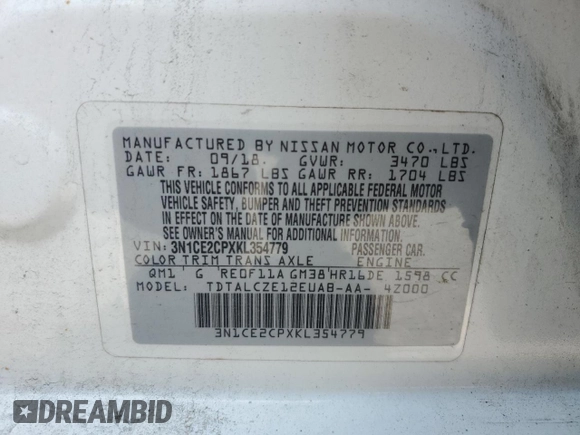 2019 Nissan Note SV with VIN 3N1CE2CPXKL354779, listed as a Copart auction lot 62073885 with 121,887 mi miles and Clean title. Bid and sale history available at DreamBid. Image 12.