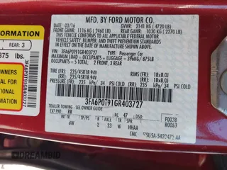 2016 Ford Fusion SE with VIN 3FA6P0T91GR403727, listed as a IAAI auction lot 42084588 with 171,209 mi miles. Bid and sale history available at carsss.com. Image 9.