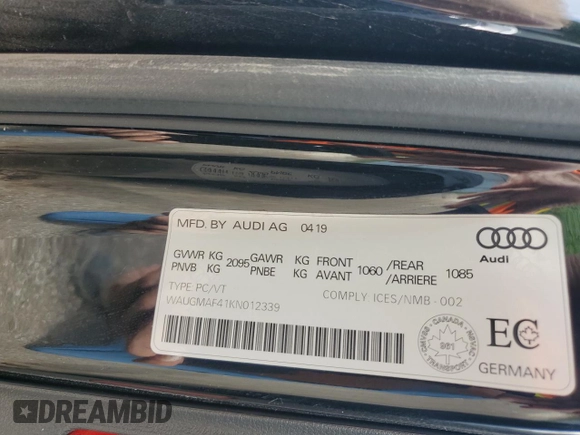 2019 Audi A4 Premium with VIN WAUGMAF41KN012339, listed as a Copart auction lot 61236005 with 142,937 mi miles and Salvage title. Bid and sale history available at DreamBid. Image 12.