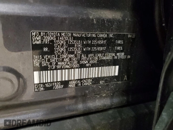 2022 Toyota RAV4 LE with VIN 2T3F1RFV5NW270665, listed as a Copart auction lot 49264755 with 49,108 mi miles and Salvage Title. Bid and sale history available at carsss.com. Image 13.