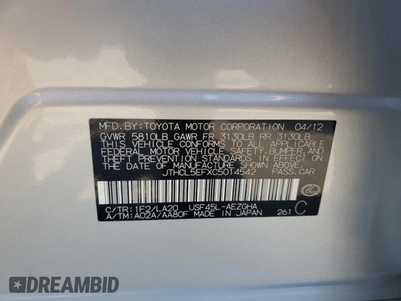 2012 Lexus LS 460 с VIN JTHCL5EFXC5014542, выставлен на аукционе Copart как лот 61530695 с пробегом 159 811 миль миль и Списание • Salvage title. История ставок и продаж доступна на DreamBid. Изображение 12.