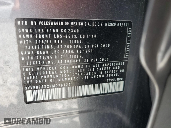 2023 Volkswagen Tiguan S с VIN 3VVRB7AX2PM076124, выставлен на аукционе Copart как лот 56963645 с пробегом 20 420 миль миль и Списание • Salvage title. История ставок и продаж доступна на DreamBid. Изображение 14.