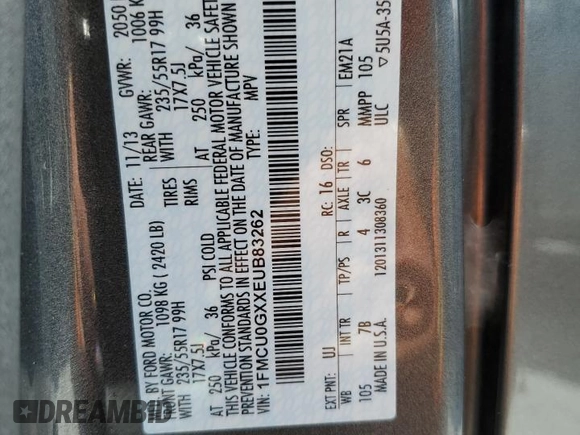 2014 Ford Escape SE with VIN 1FMCU0GXXEUB83262, listed as a Copart auction lot 53948235 with 113,548 mi miles and Clean Title. Bid and sale history available at DreamBid. Image 14.