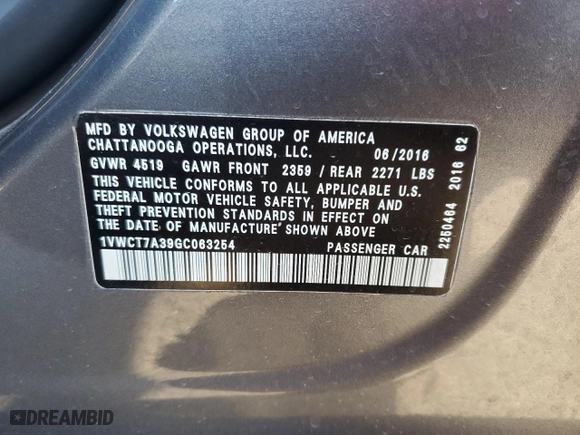 2016 Volkswagen Passat 1.8T SEL with VIN 1VWCT7A39GC063254, listed as a Copart auction lot 85563414 with 244,086 mi miles and Salvage Title. Bid and sale history available at carsss.com. Image 14.