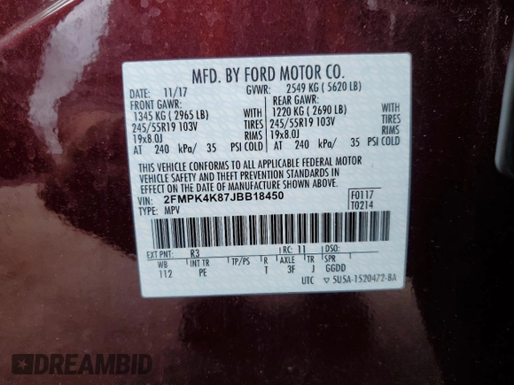 2018 Ford Edge Titanium with VIN 2FMPK4K87JBB18450, listed as a Copart auction lot 53461425 with 54,101 mi miles and Salvage Title. Bid and sale history available at carsss.com. Image 14.
